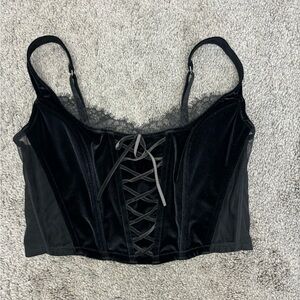 Victoria Secret black velvet corset top with mesh sides‎ and lace detailing